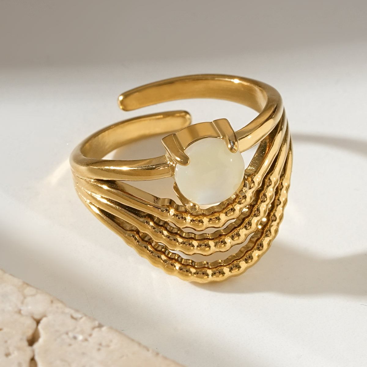 AURELYSSE Gold Ring: Sculpted Gold Layers with Ivory Stone