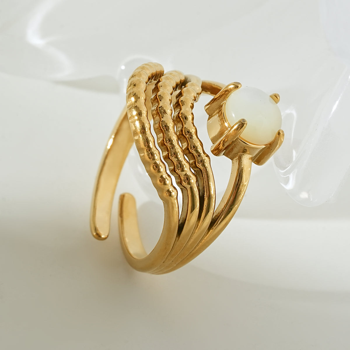 AURELYSSE Gold Ring: Sculpted Gold Layers with Ivory Stone