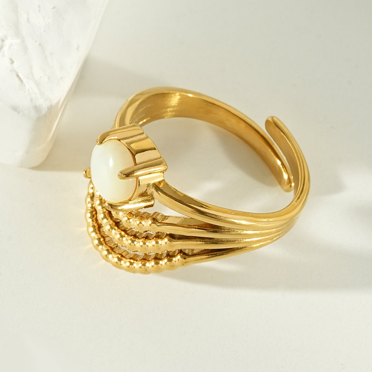 AURELYSSE Gold Ring: Sculpted Gold Layers with Ivory Stone
