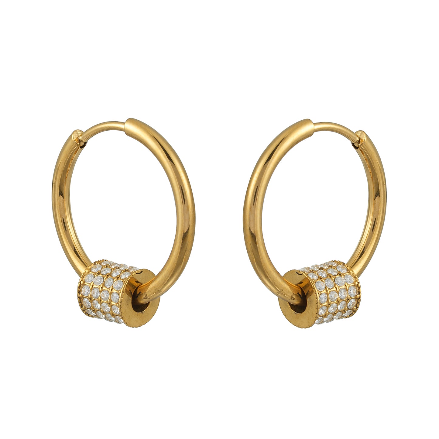 DUNIYA Gold: Gold Hoop Earrings with Barrel Pavé Diamond Charm – Luxe Modern Style