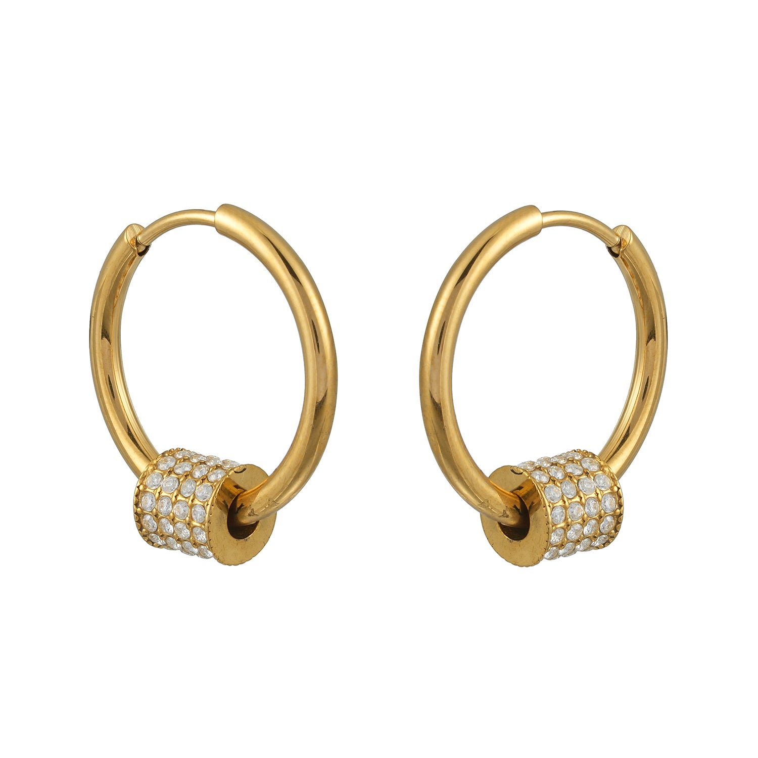 DUNIYA Gold: Gold Hoop Earrings with Barrel Pavé Diamond Charm – Luxe Modern Style