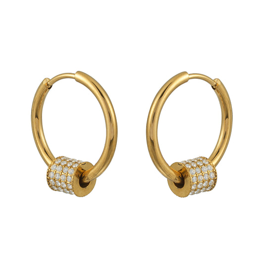 DUNIYA Gold: Gold Hoop Earrings with Barrel Pavé Diamond Charm – Luxe Modern Style