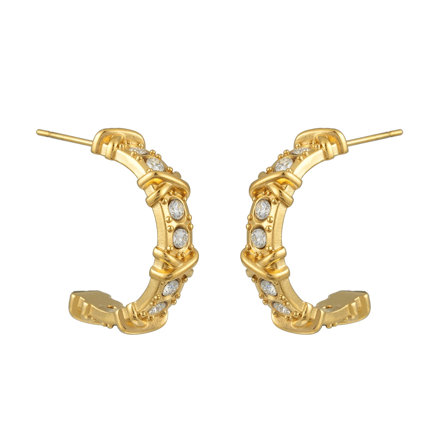 ELICA Gold: Zirconia Embedded Hoop Earrings with Ornate Detail &  Crisscross Accents