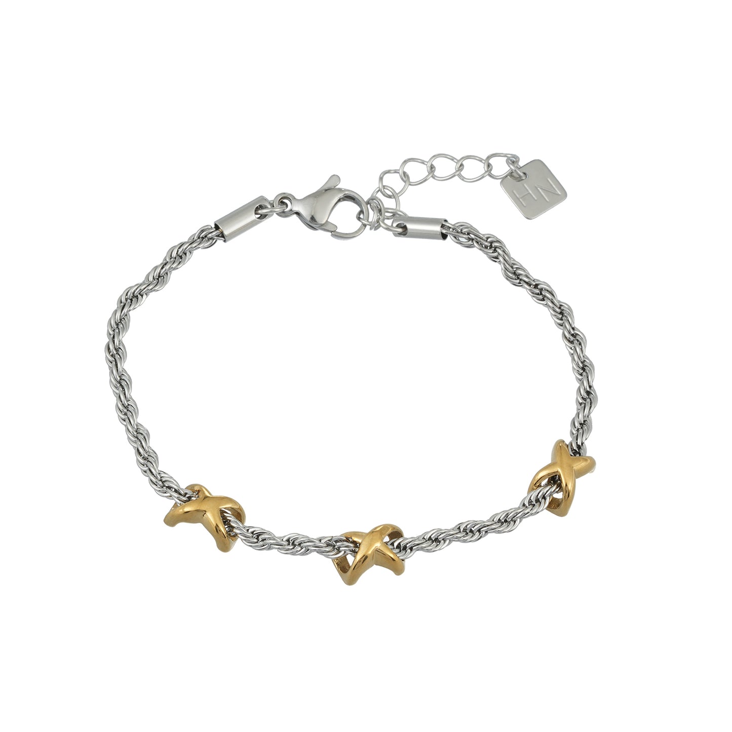 DRAGOSA Mixed Metals: Silver Rope Chain Bracelet with Triple Mini Gold Criss-Cross Charms