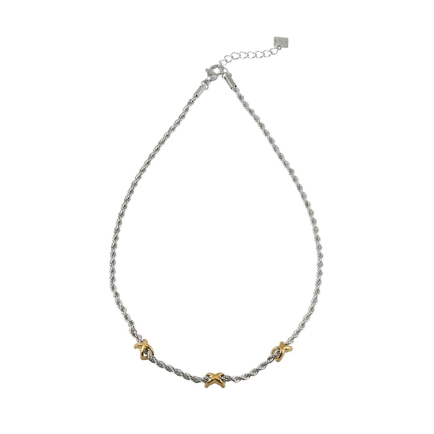 COSMINA Mixed Metals: Silver Rope Chain Necklace with Triple Mini Gold Criss-Cross Charms