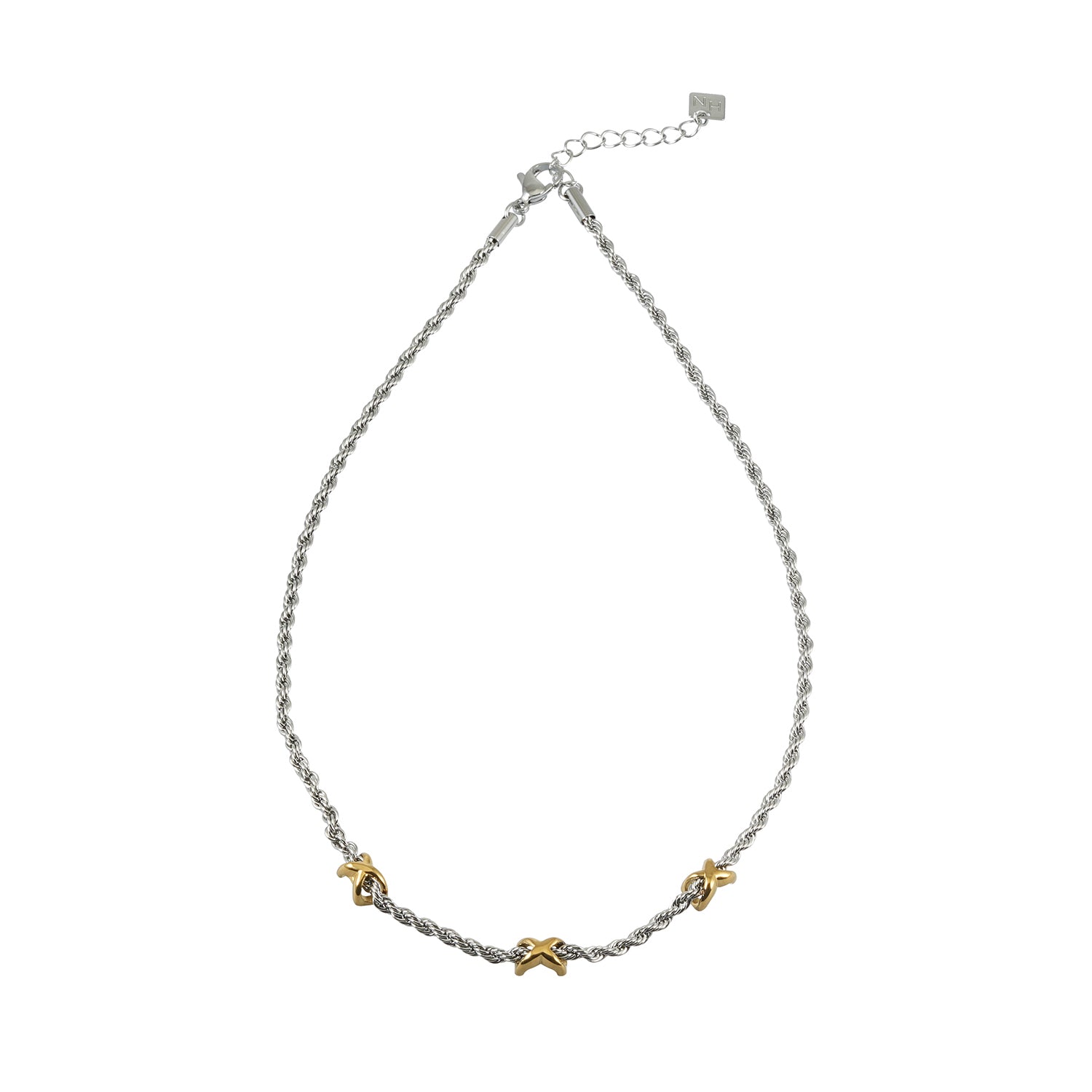 COSMINA Mixed Metals: Silver Rope Chain Necklace with Triple Mini Gold Criss-Cross Charms