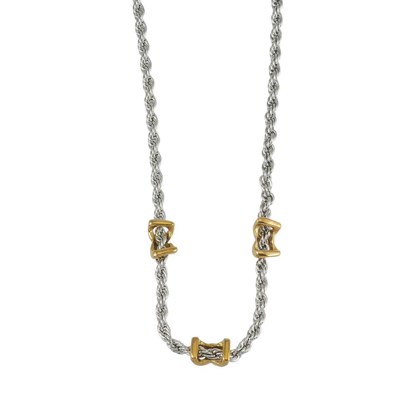 COSMINA Mixed Metals: Silver Rope Chain Necklace with Triple Mini Gold Criss-Cross Charms