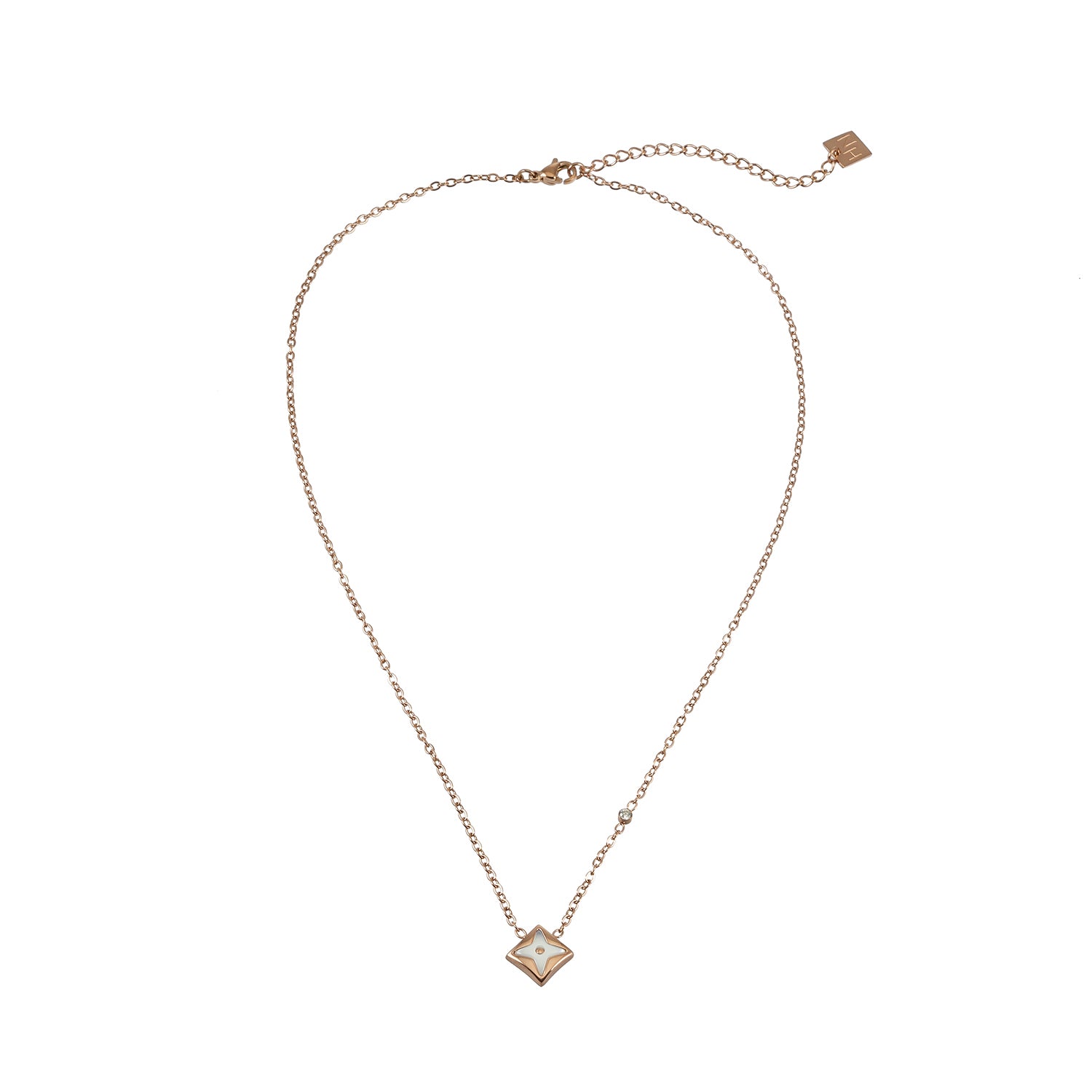 LAVINIA Gold: Square Gold Pendant Necklace with Cut-Away Shell Star and Mini Zirconia Charm