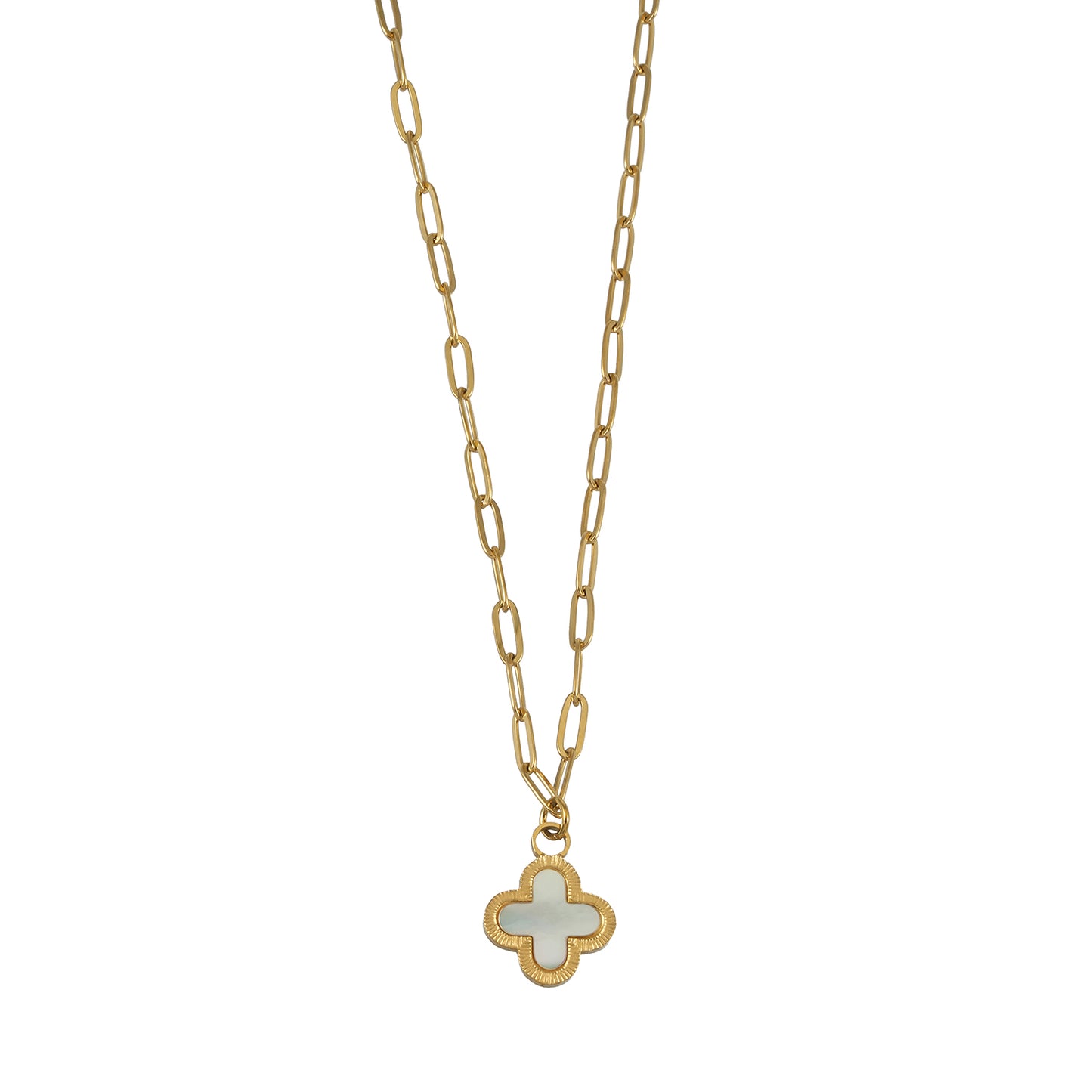 MAKA Gold: Chain-Necklace with a Clover Shaped Charm in Natural Shell with a Gold Metal Border