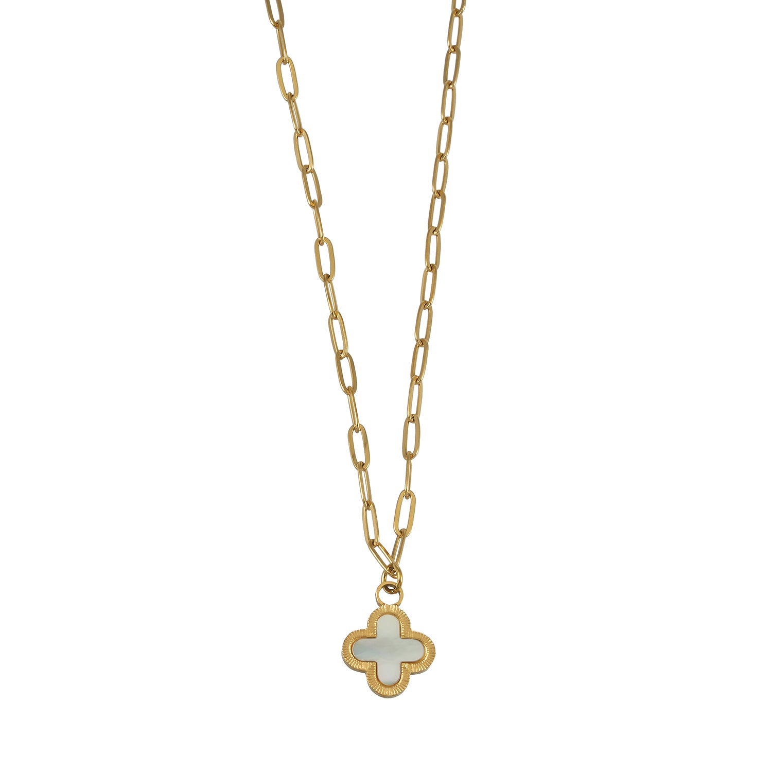 MAKA Gold: Chain-Necklace with a Clover Shaped Charm in Natural Shell with a Gold Metal Border