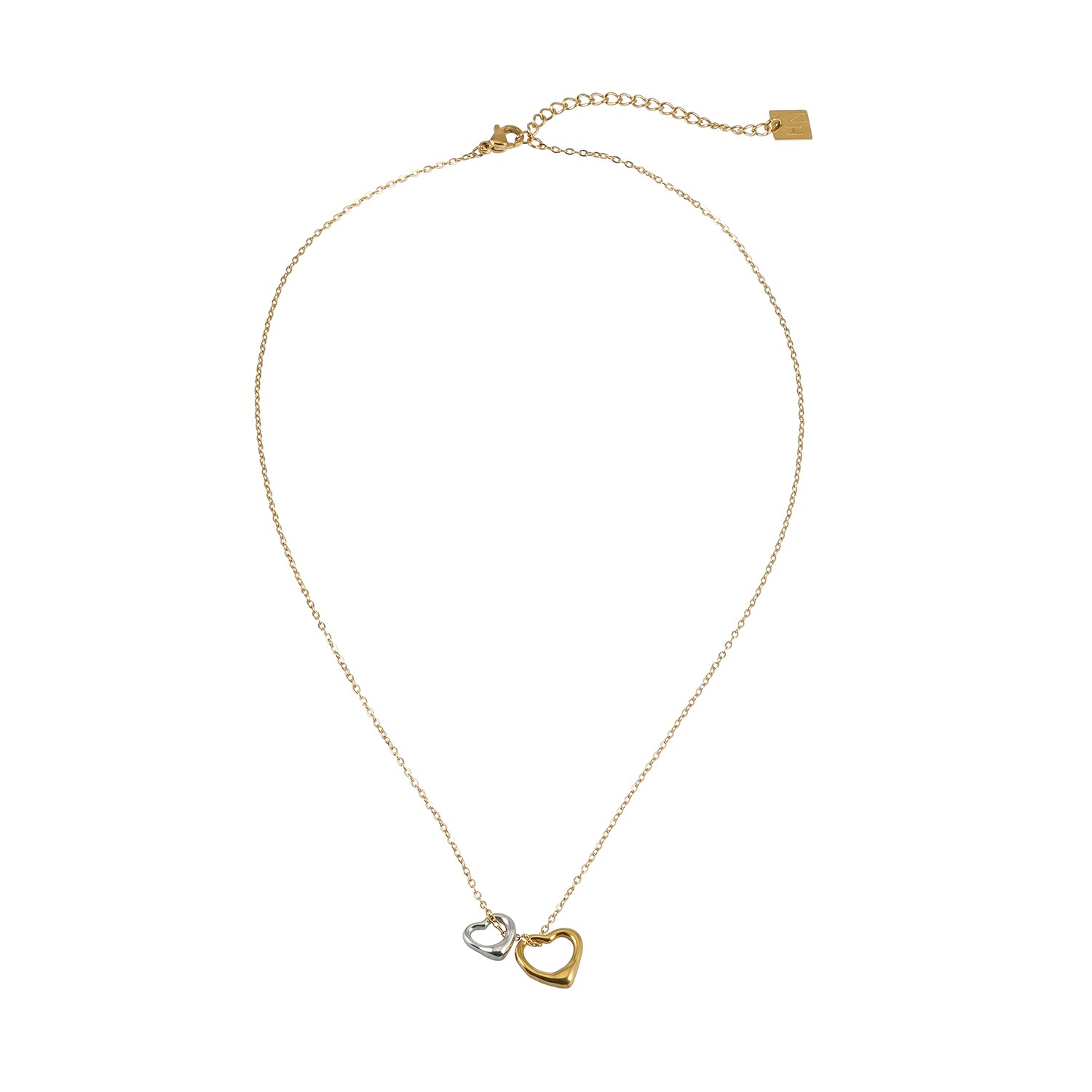 LOLANDA Gold+Silver: Dainty Gold Chain Necklace with Two Abstract Heart Charms in Gold & Silver