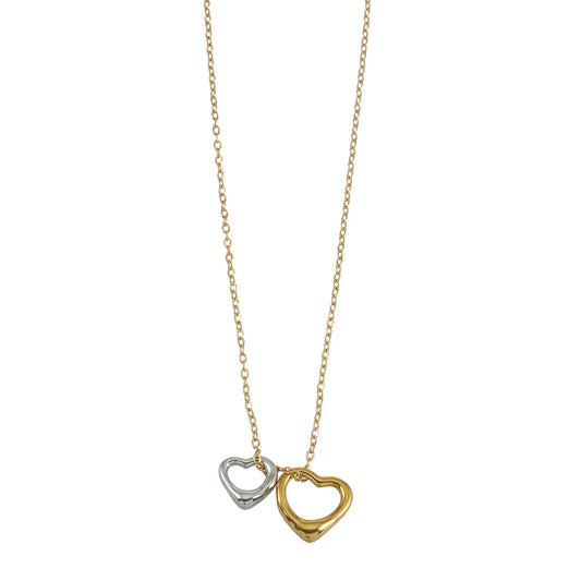 LOLANDA Gold+Silver: Dainty Gold Chain Necklace with Two Abstract Heart Charms in Gold & Silver