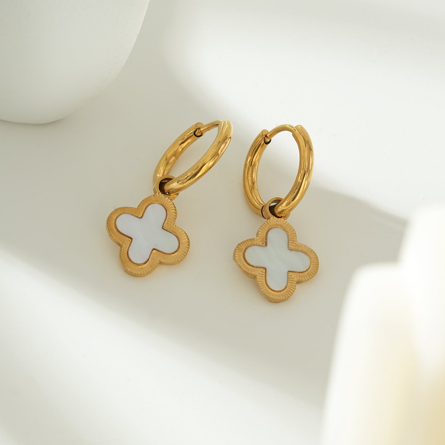 KADSRA Gold: Clover Shaped Shell Charm on A Classic Round Hoop
