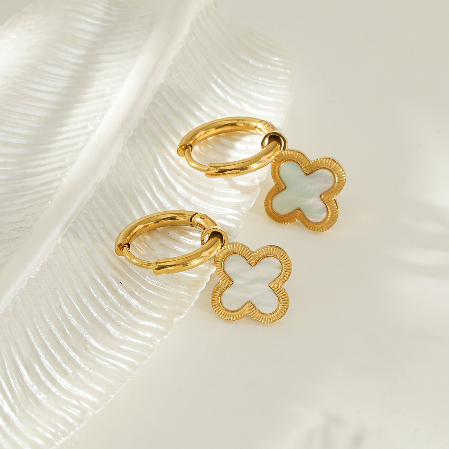 KADSRA Gold: Clover Shaped Shell Charm on A Classic Round Hoop
