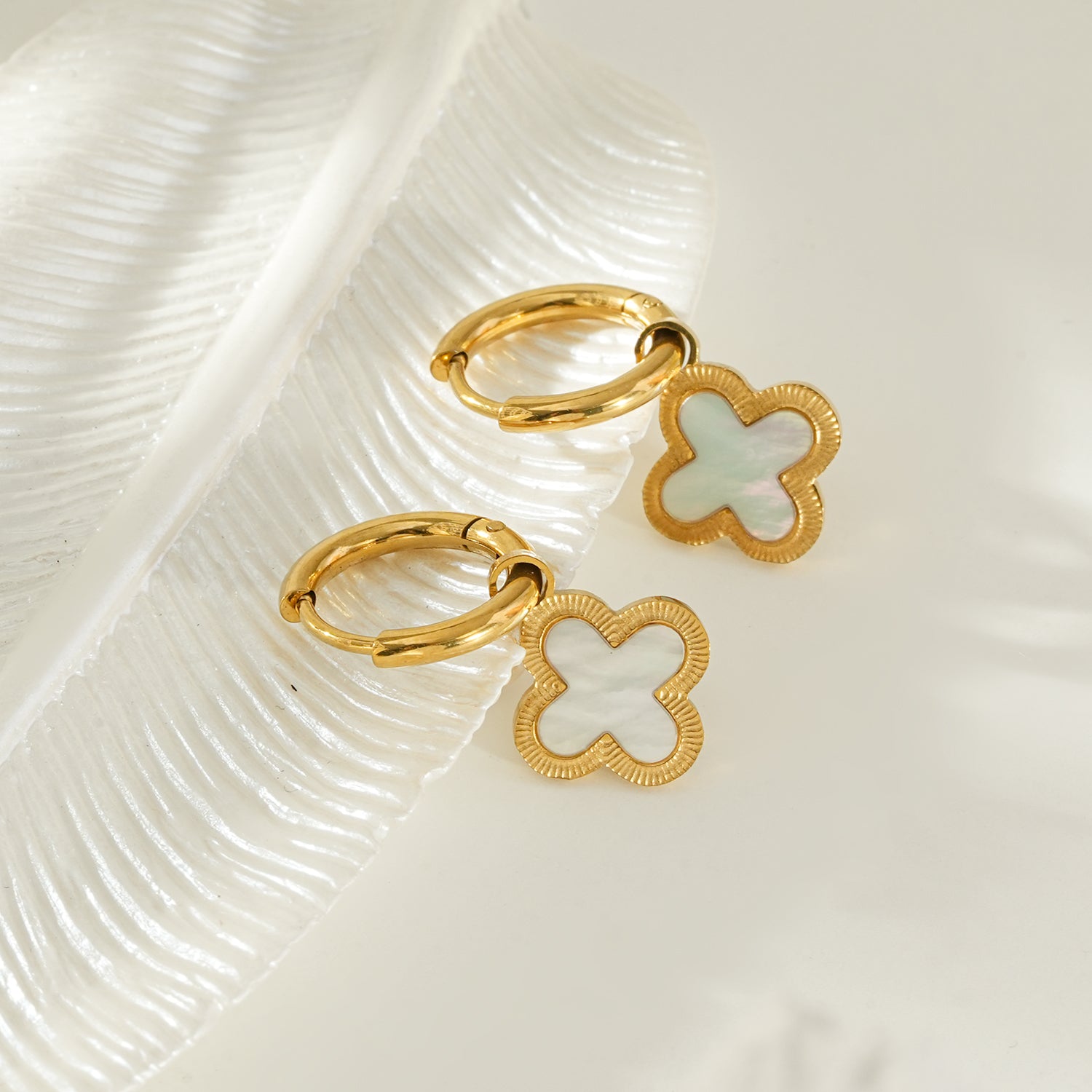 KADSRA Gold: Clover Shaped Shell Charm on A Classic Round Hoop