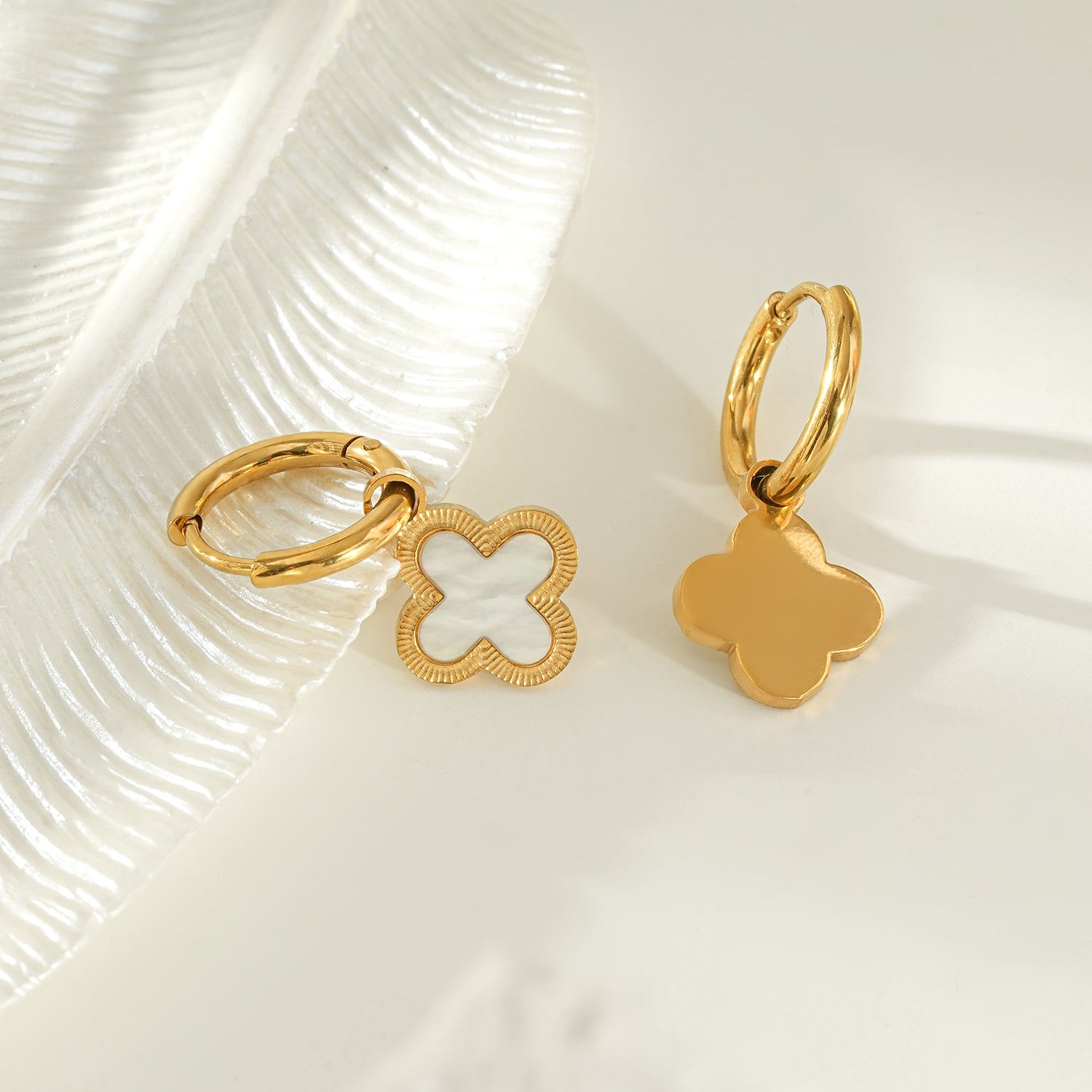 KADSRA Gold: Clover Shaped Shell Charm on A Classic Round Hoop