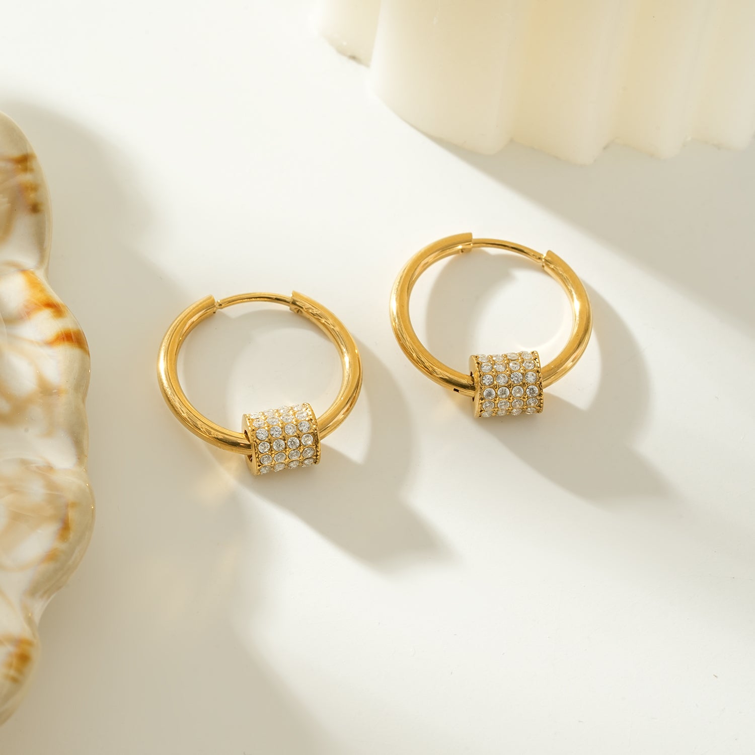 DUNIYA Gold: Gold Hoop Earrings with Barrel Pavé Diamond Charm – Luxe Modern Style