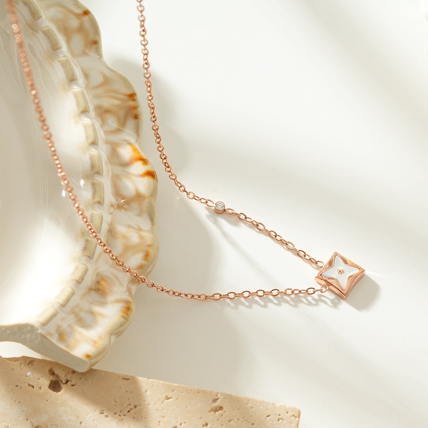 LAVINIA Gold: Square Gold Pendant Necklace with Cut-Away Shell Star and Mini Zirconia Charm