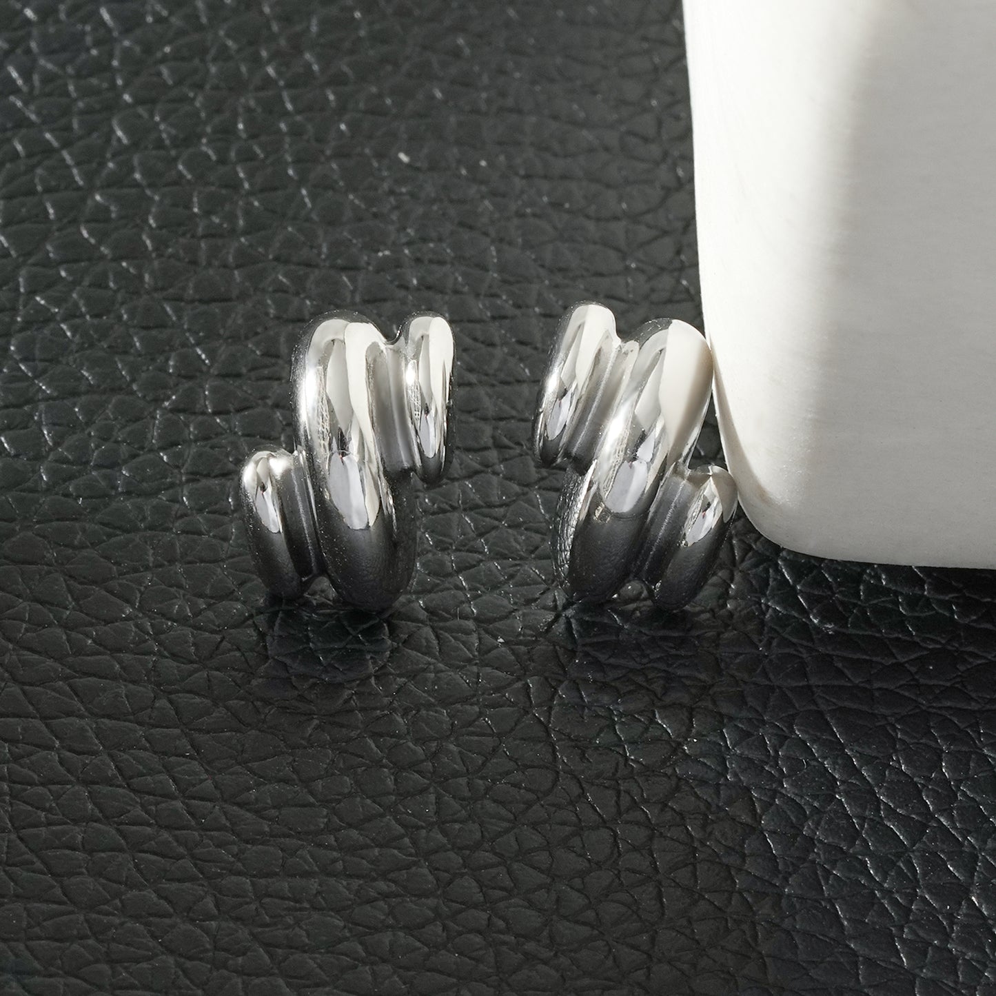 BRIGITTA Silver (White Gold): Contemporary Abstract Shaped Stud Earrings
