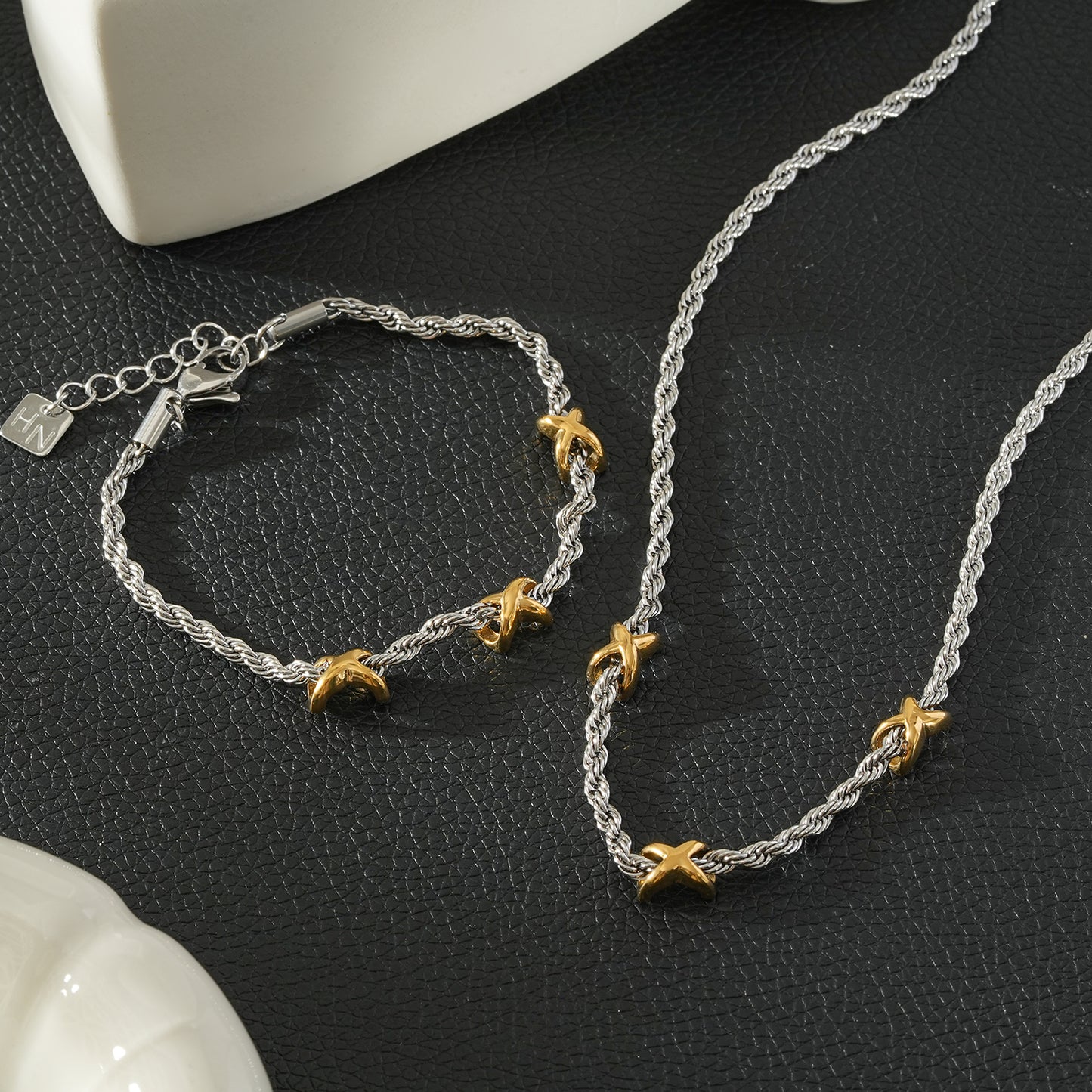 DRAGOSA Mixed Metals: Silver Rope Chain Bracelet with Triple Mini Gold Criss-Cross Charms