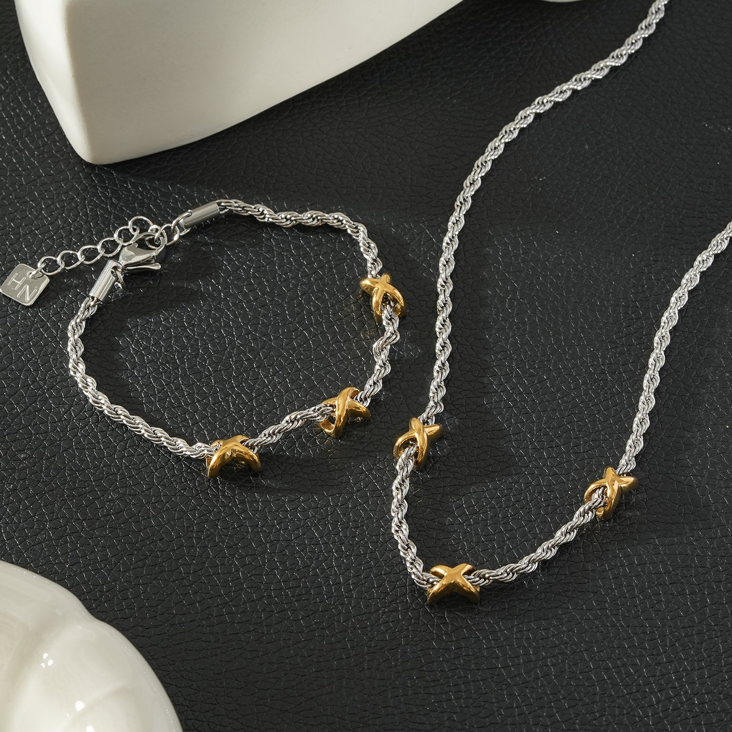 DRAGOSA Mixed Metals: Silver Rope Chain Bracelet with Triple Mini Gold Criss-Cross Charms