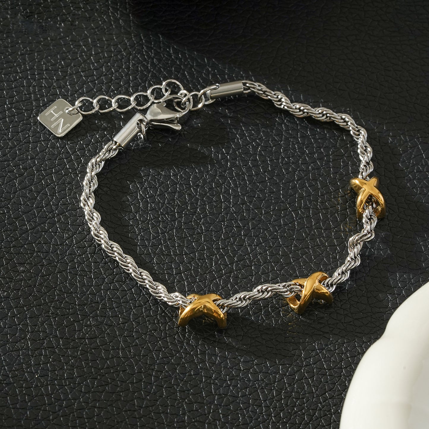 DRAGOSA Mixed Metals: Silver Rope Chain Bracelet with Triple Mini Gold Criss-Cross Charms