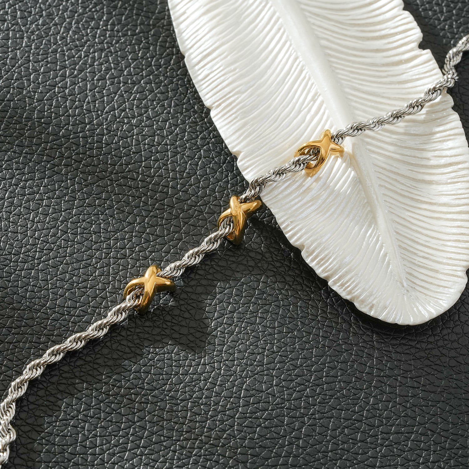 DRAGOSA Mixed Metals: Silver Rope Chain Bracelet with Triple Mini Gold Criss-Cross Charms