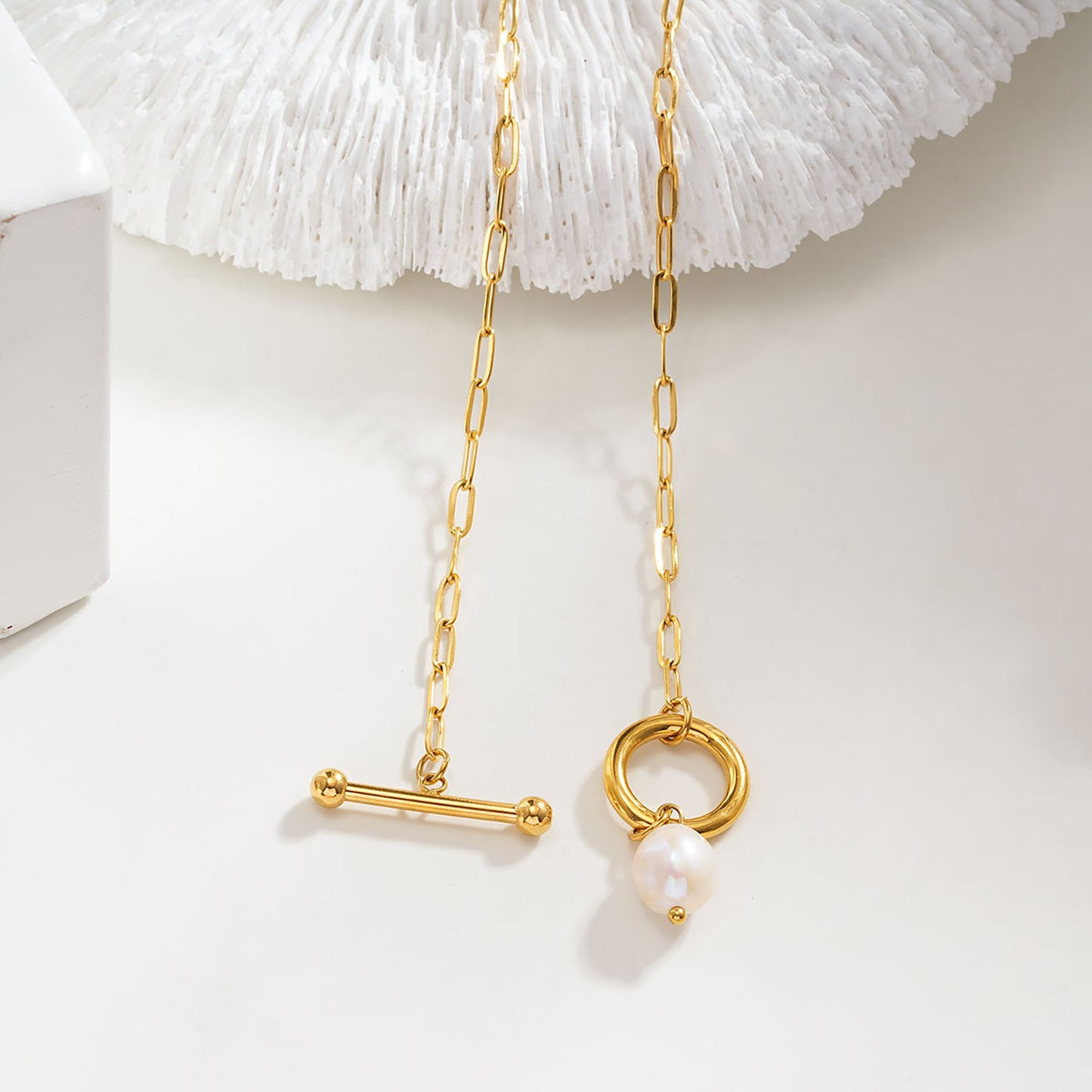 D'ANGELA Gold:  Paperclip Chain Necklace with Toggle Fastener & Pearl Charm