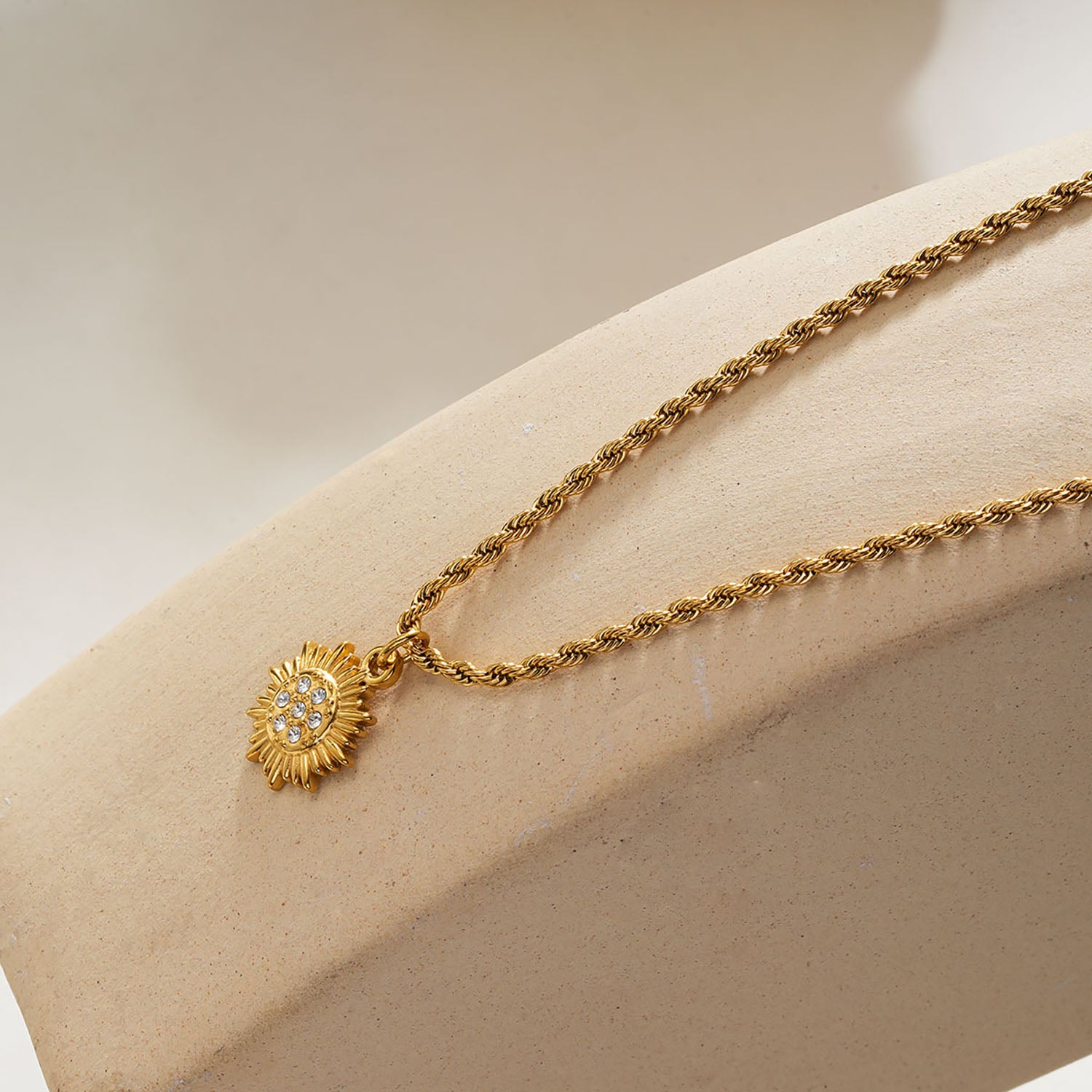 ISA Gold: Rope Chain Necklace with Pave Zirconia Radiant Sun Pendant
