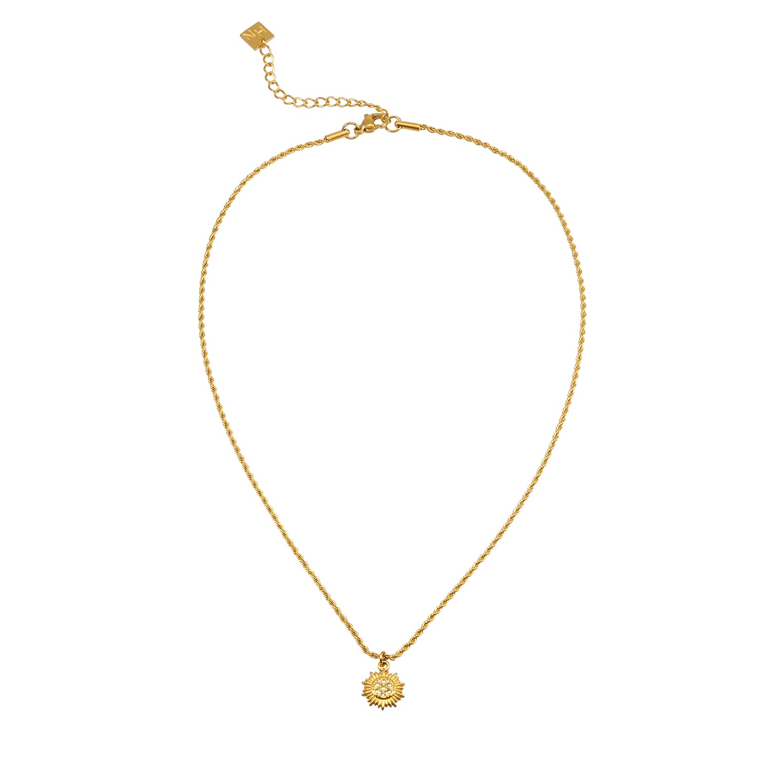 ISA Gold: Rope Chain Necklace with Pave Zirconia Radiant Sun Pendant