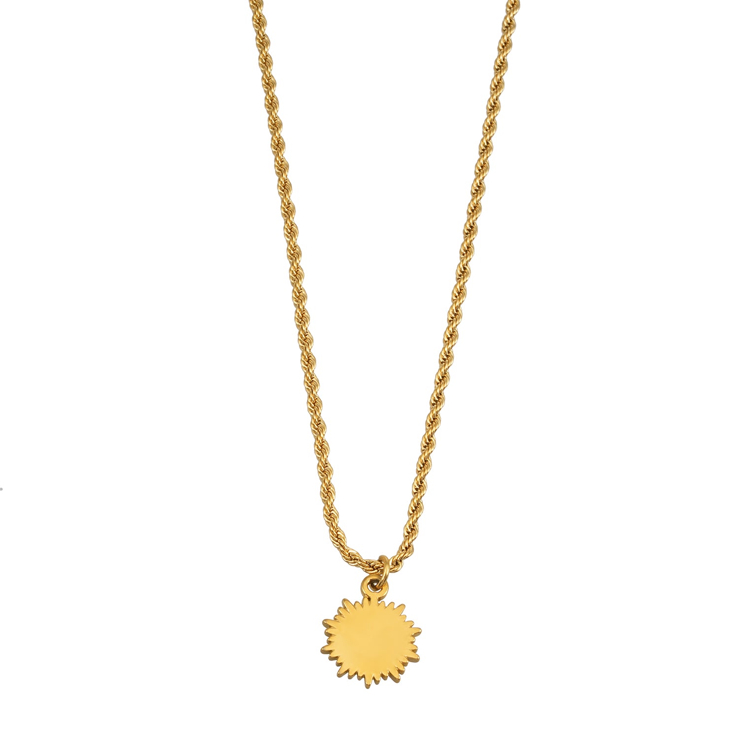 ISA Gold: Rope Chain Necklace with Pave Zirconia Radiant Sun Pendant