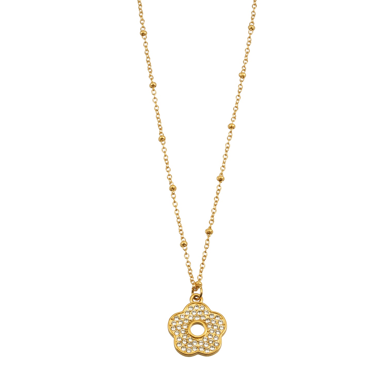 MELRINA Gold Vintage Bloom: Beaded Chain Necklace with Pave Zirconia Flower Charm