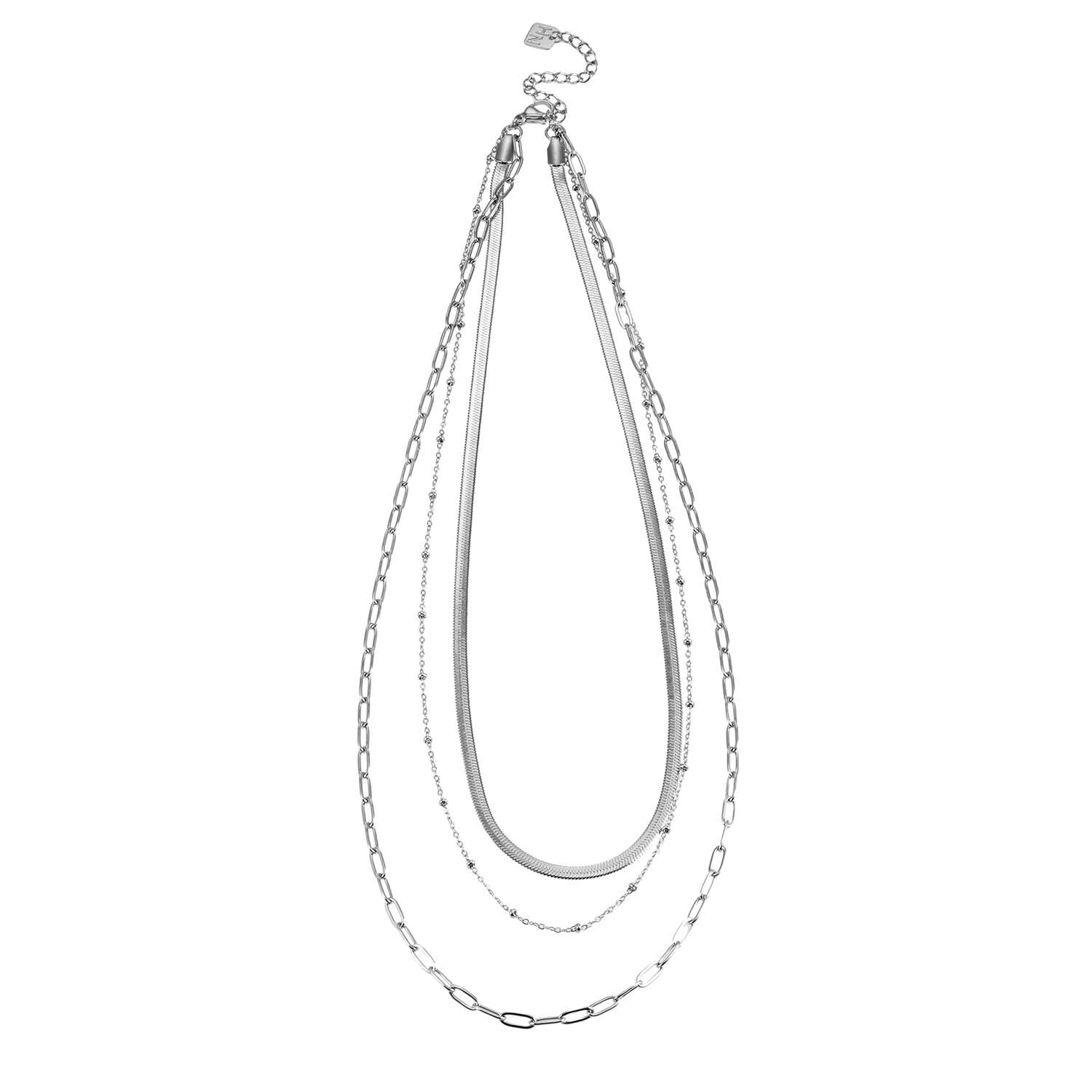 GEILNAR:  Triple Layer Mixed-Chain Necklace in Silver