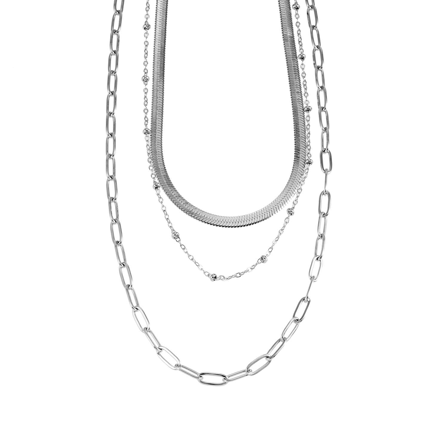 GEILNAR:  Triple Layer Mixed-Chain Necklace in Silver