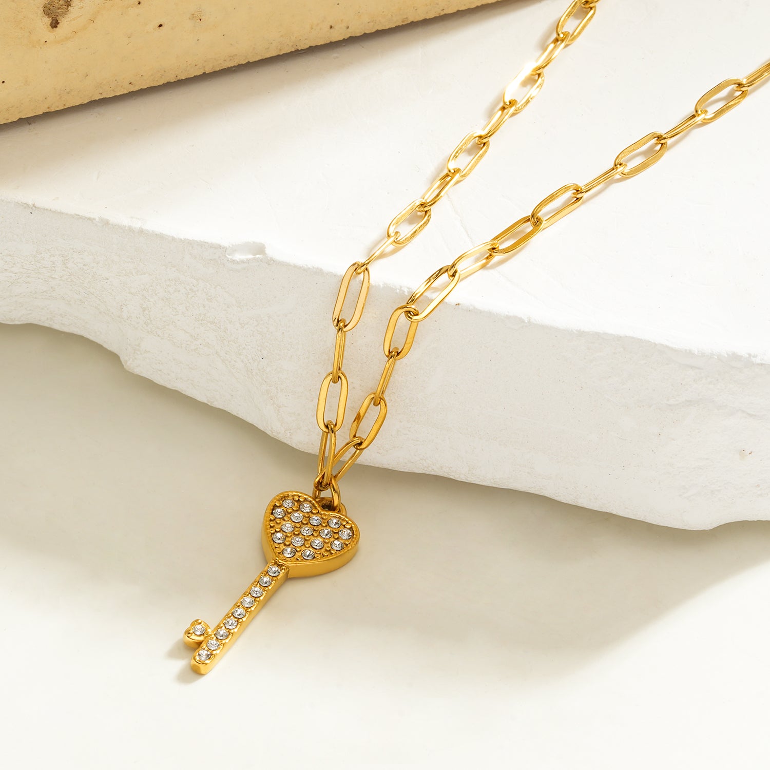 Style JAZRINA Gold: Pavé Key & Heart Pendant on a Paper Clip Chain Necklace