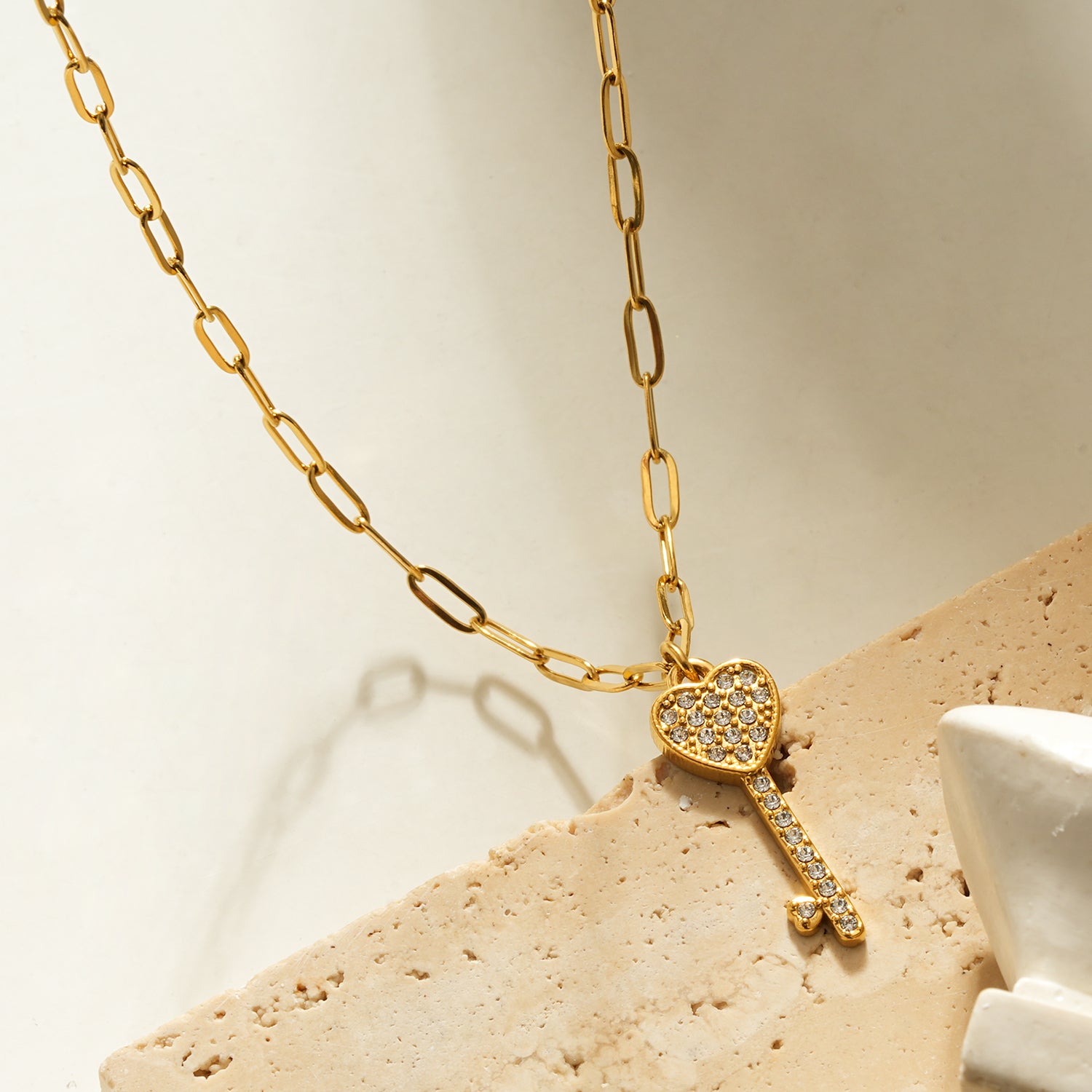 Style JAZRINA Gold: Pavé Key & Heart Pendant on a Paper Clip Chain Necklace