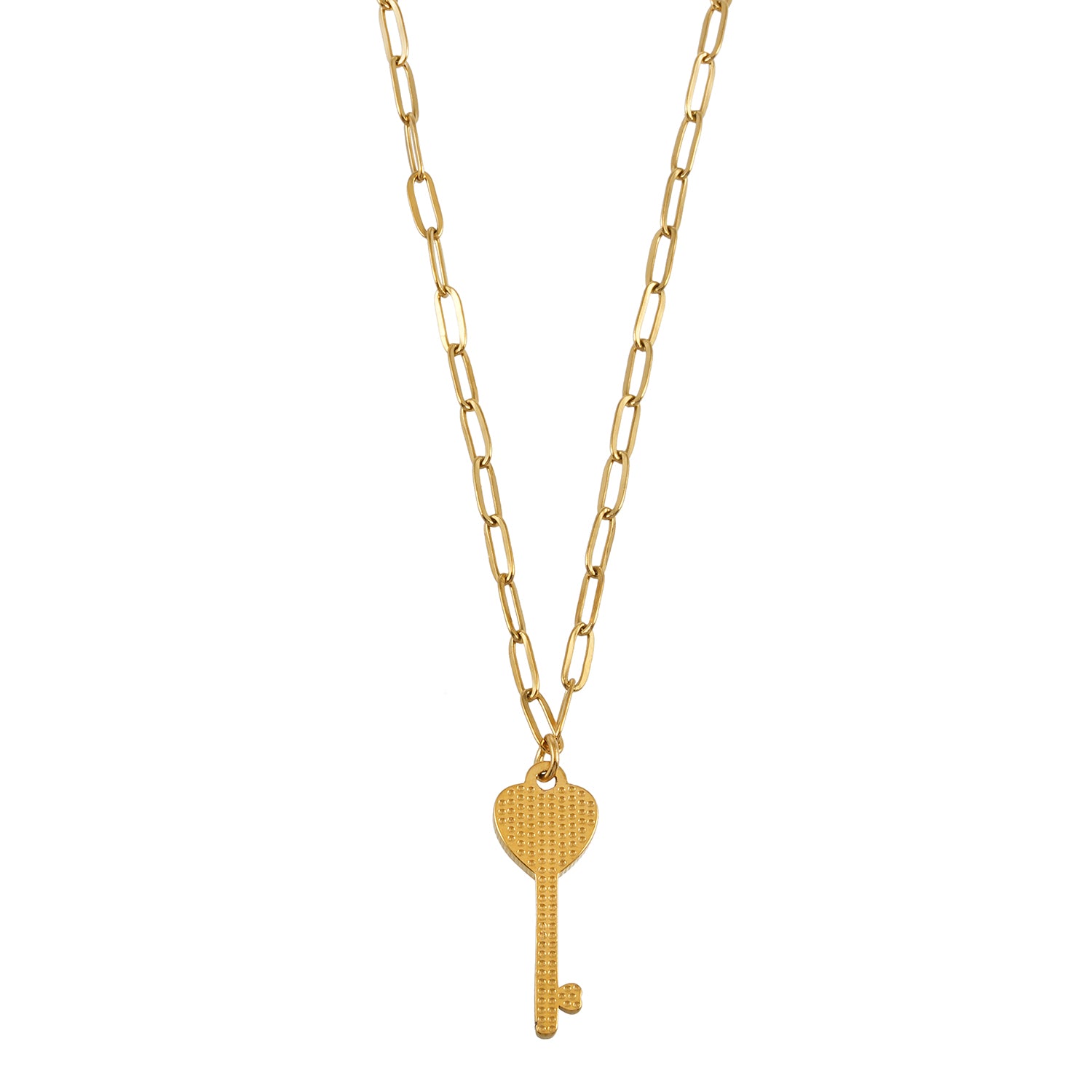 Style JAZRINA Gold: Pavé Key & Heart Pendant on a Paper Clip Chain Necklace