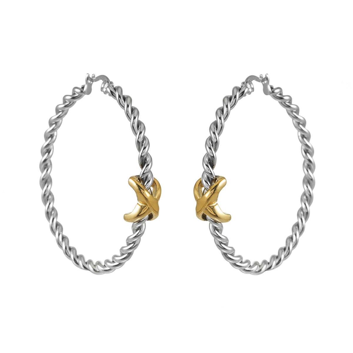 CIPRIANNA two-tone twisted hoop earrings in silver and gold, 37mm diameter, by HACKNEY NINE Jewellery.
