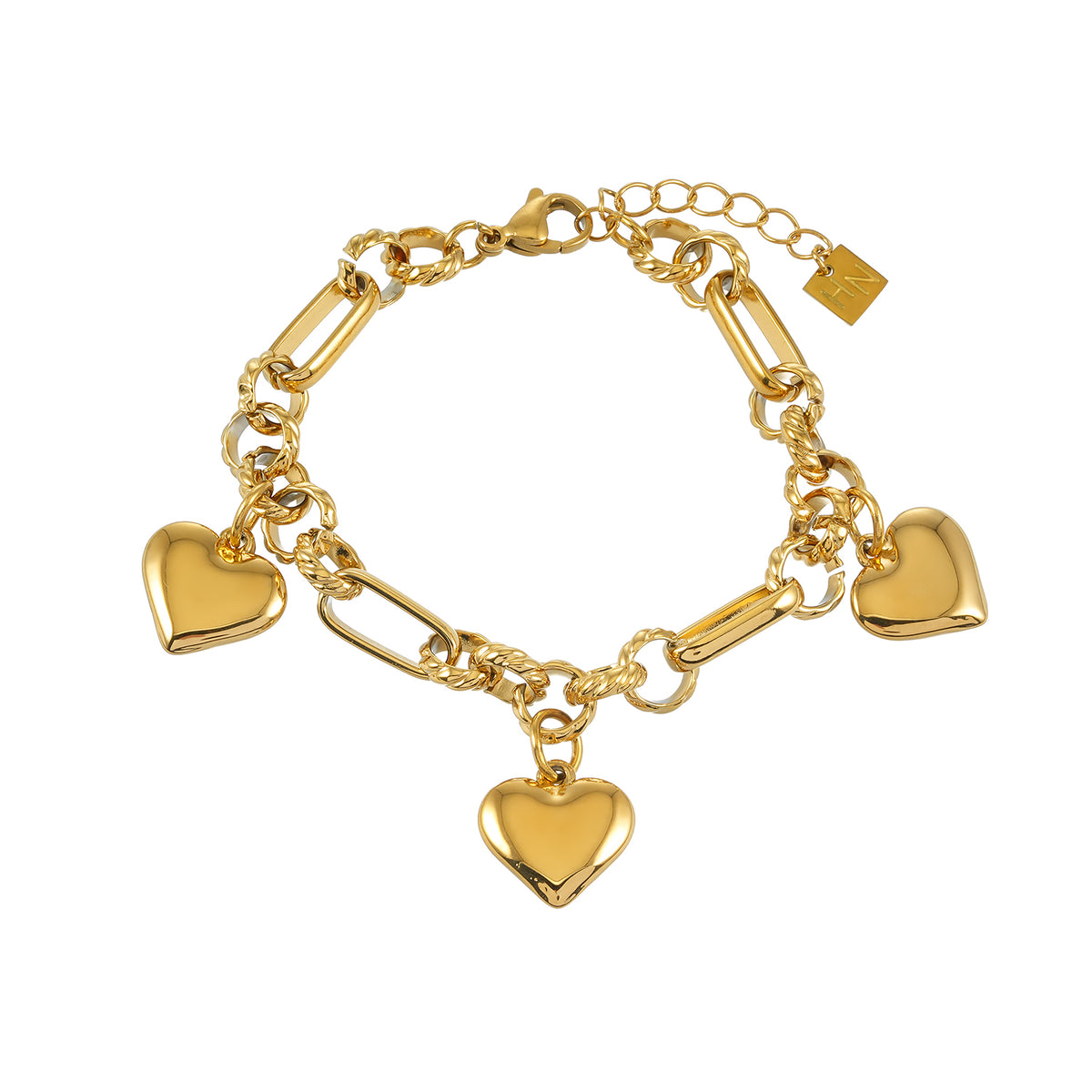 MARITANNA Gold: Heart Charm Bracelet with Textured and Paperclip Links