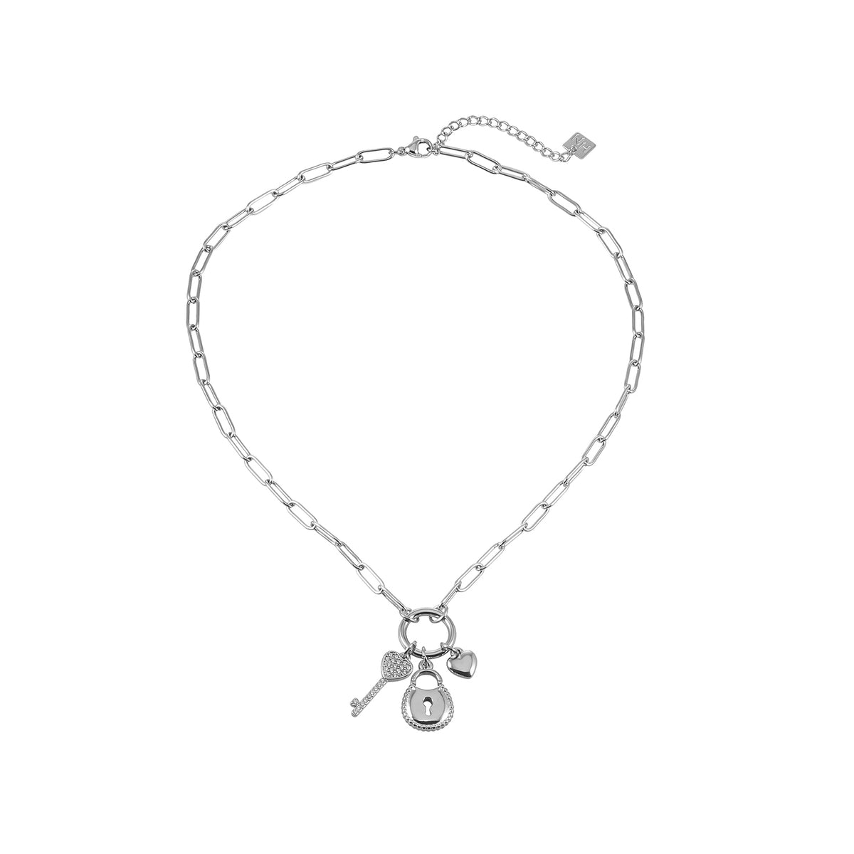 SARDAE Silver (White Gold): Paperclip Chain Necklace with Heart, Key & Padlock Charms $40