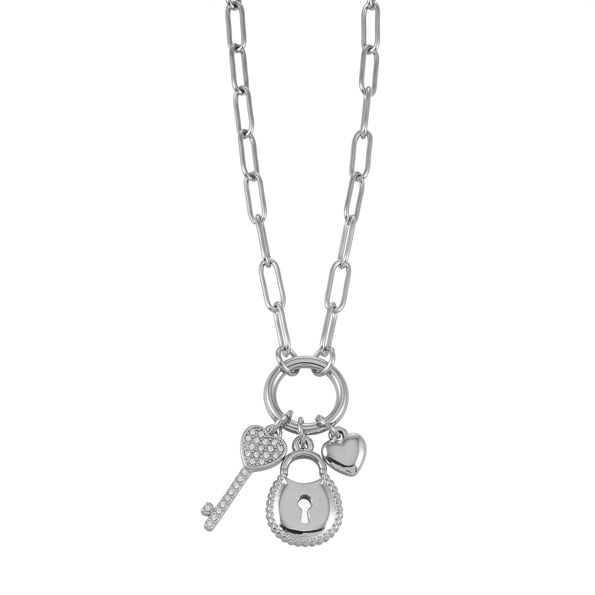 SARDAE Silver (White Gold): Paperclip Chain Necklace with Heart, Key & Padlock Charms $40