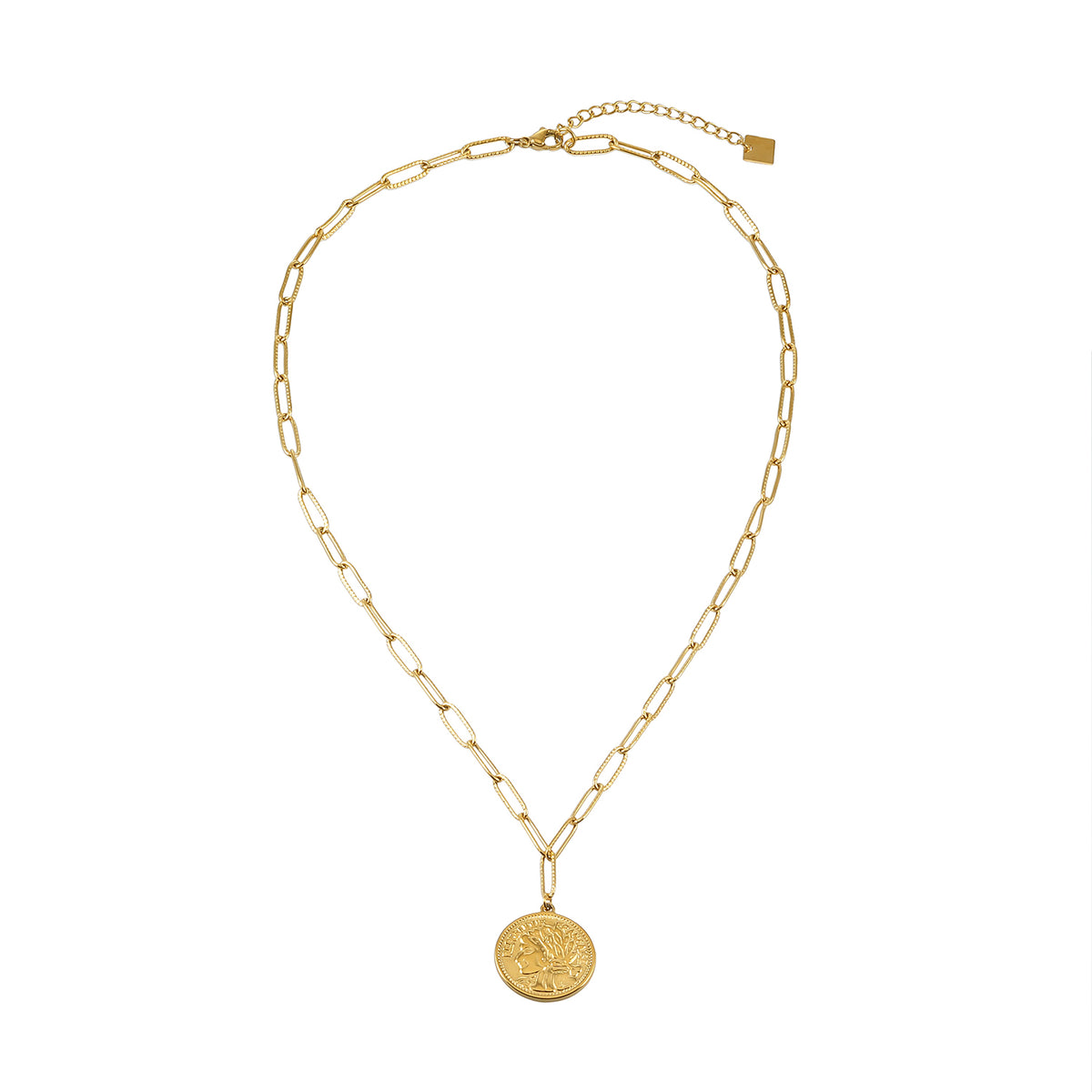 ZUWENA Gold: Reversible Coin Pendant Necklace with Textured Paperclip Chain