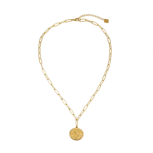 ZUWENA Gold: Reversible Coin Pendant Necklace with Textured Paperclip Chain