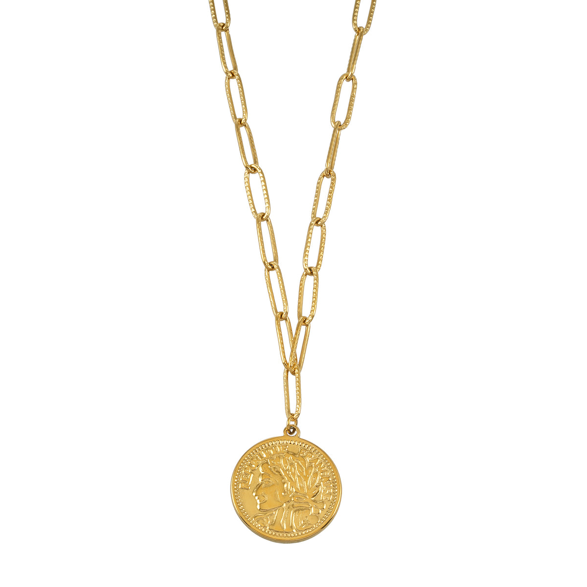 ZUWENA Gold: Reversible Coin Pendant Necklace with Textured Paperclip Chain