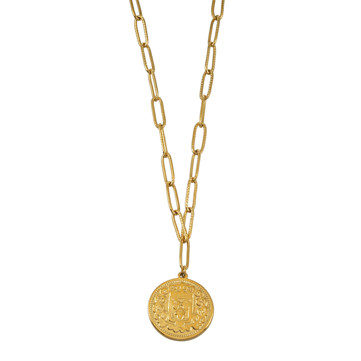 ZUWENA Gold: Reversible Coin Pendant Necklace with Textured Paperclip Chain