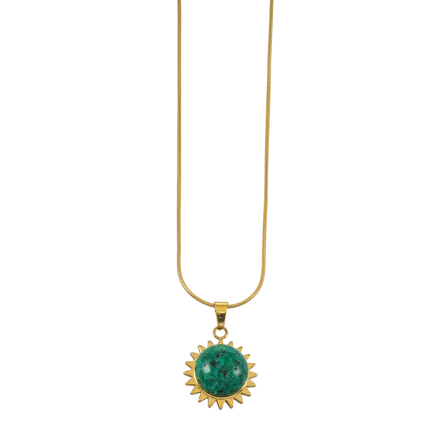CHIDERA Gold: African Turquoise Sunburst Pendent on a Snake Skin Textured Chain Necklace