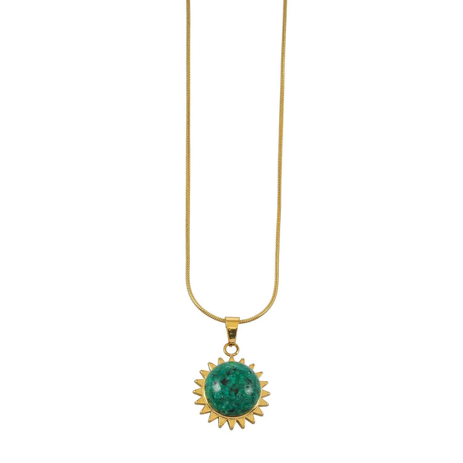 CHIDERA Gold: African Turquoise Sunburst Pendent on a Snake Skin Textured Chain Necklace