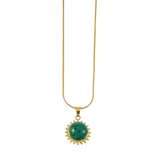 CHIDERA Gold: African Turquoise Sunburst Pendent on a Snake Skin Textured Chain Necklace
