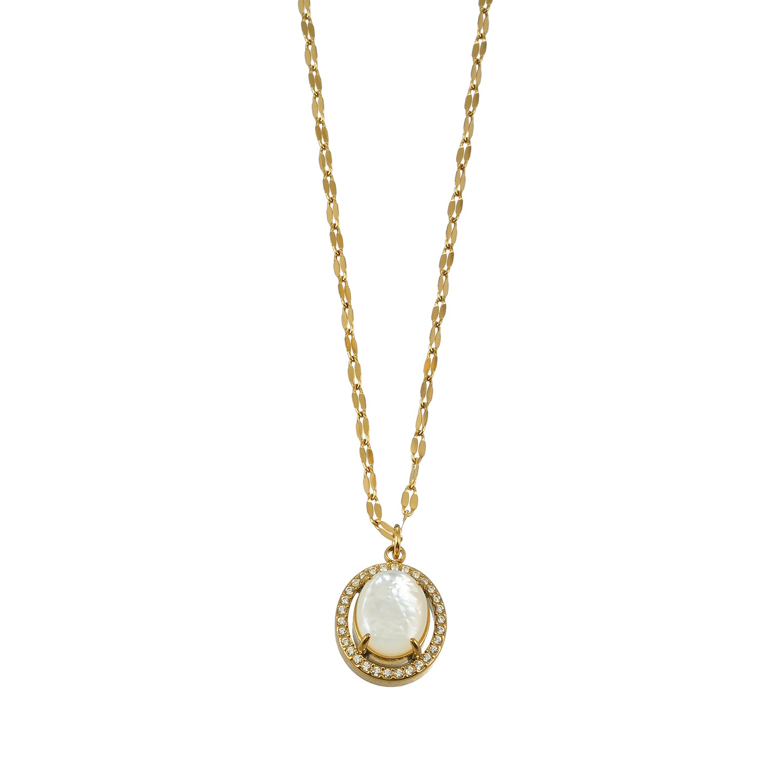 HAMMELA Gold: Pendant Necklace with a Pearl Centre & Crystal Halo