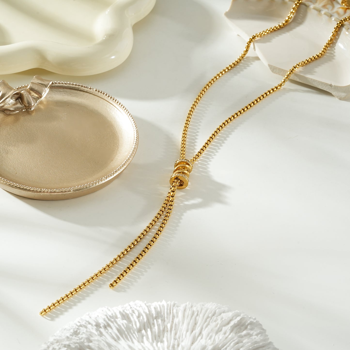 MAHANA Gold: Adjustable Gold Lariat Necklace with Sliding Bead & Tassel Drop – Modern Minimal Statement
